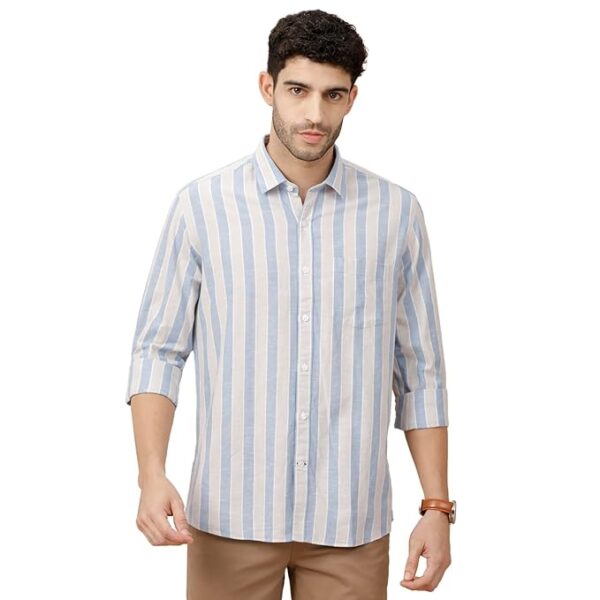 Cavallo by Linen Club Men's Blended Linen Blue Striped Full Sleeve Casual Shirt | Breathable Fabric | Smart Casual Wear | Lightweight Comfort