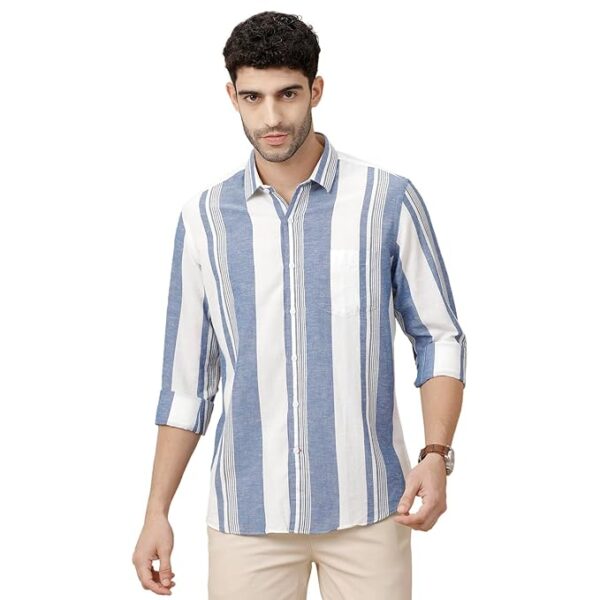Cavallo by Linen Club Men's Blended Linen Blue Striped Full Sleeve Casual Shirt | Size 40 | Lightweight & Breathable | Classic Smart Casual Look